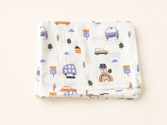 100% Organic Cotton Muslin Baby Swaddle | Car | 110x90cm