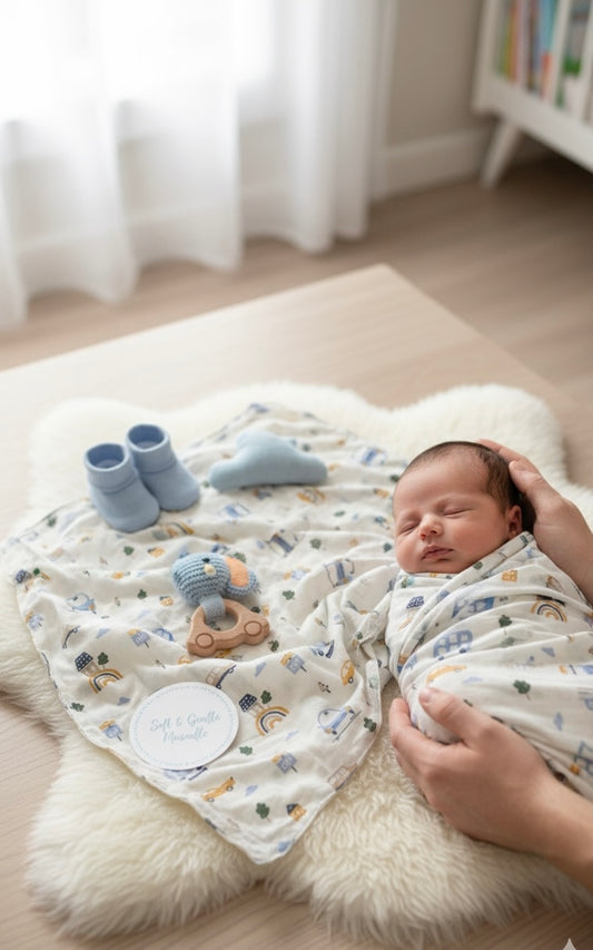 100% Organic Cotton Muslin Baby Swaddle | Car | 110x90cm
