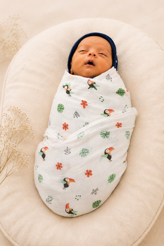 100% Organic Cotton Muslin Baby Swaddle | pack of two |Chirping Birds-car | 110x90cm
