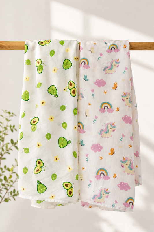 100% Organic Cotton Muslin Baby Swaddle | pack of two |Avocado-unicorn| 110x90cm