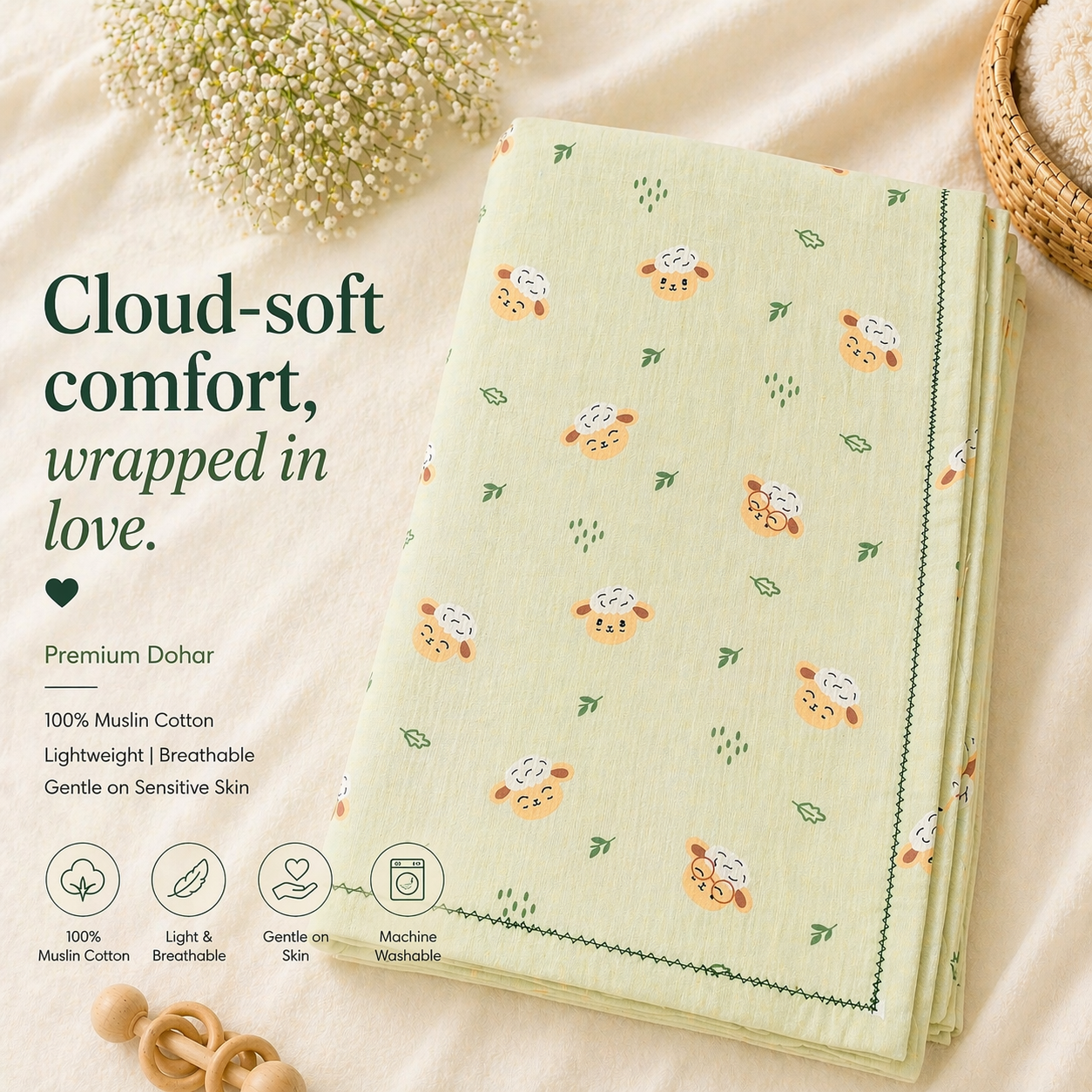 Little Lamb Pistachio Dohar | 100% premium Muslin cotton