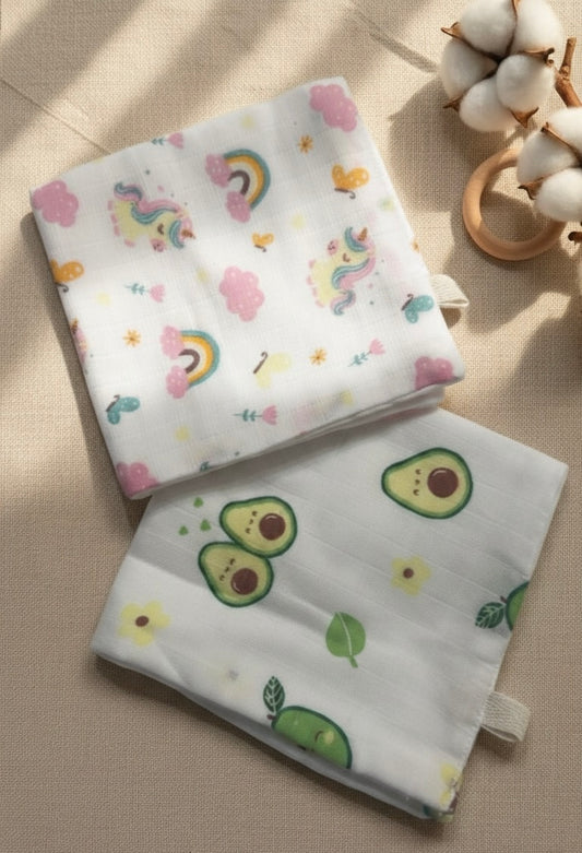 100% Organic Cotton Baby Wash cloth |super absorbent - pack of 2 |Unicorn-Avocado