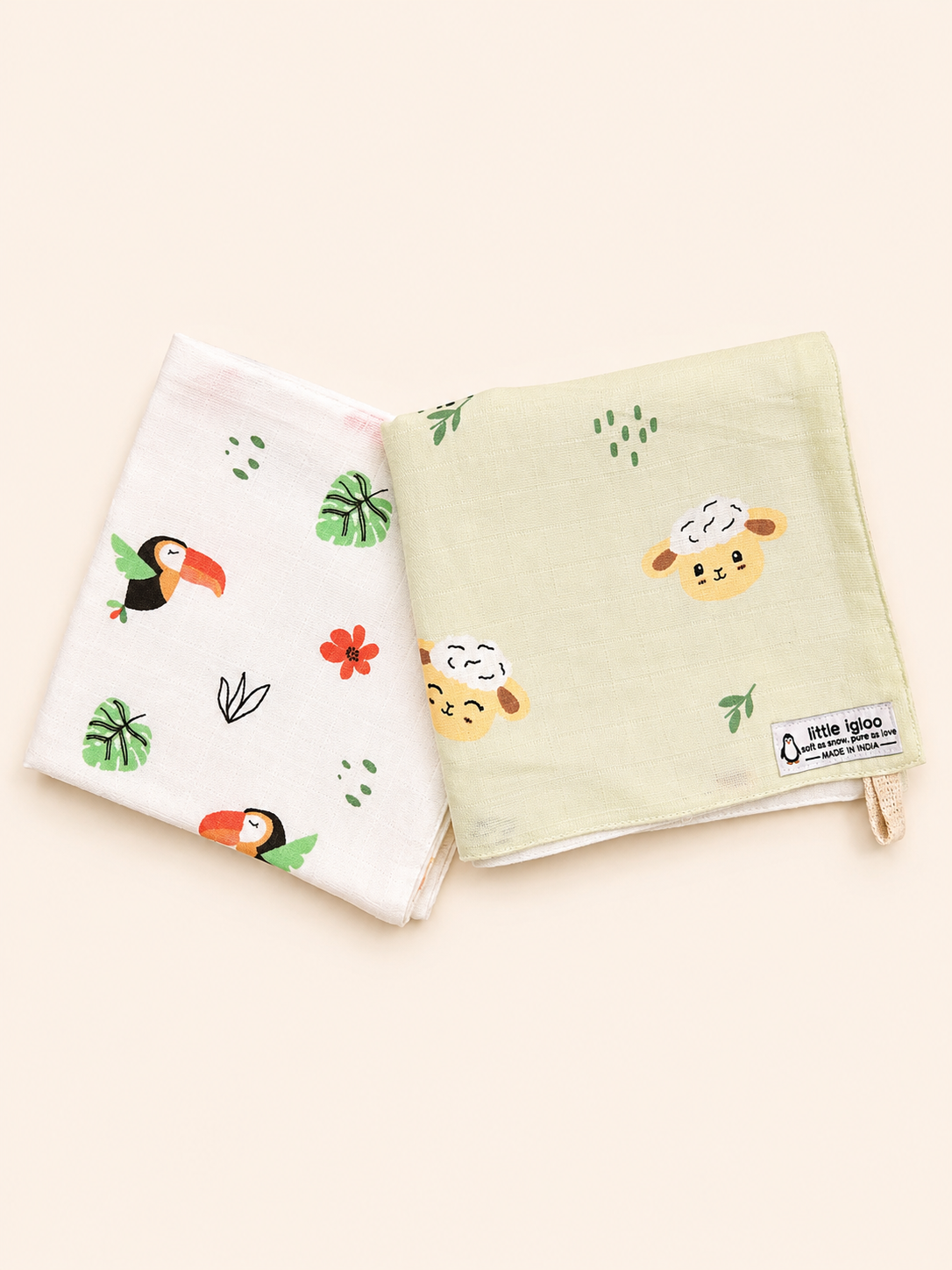 100% Organic Cotton Baby Wash cloth |super absorbent - pack of 2| lamb-bird