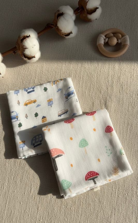100% Organic Cotton Baby Wash cloth |super absorbent - pack of 2 | Car-mushroom