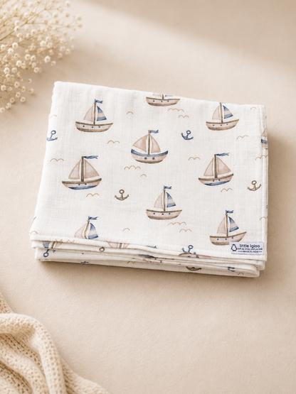 100% Organic Cotton Muslin Baby Swaddle | little sailor | 110x90cm