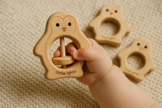 Baby Neem wood Rattle & Teether combo |Pack of two | Penguins