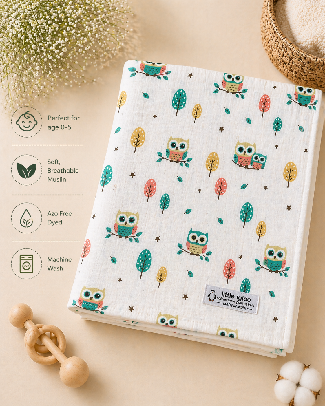 Little Owl Moonlight Dohar | 100% premium Muslin cotton