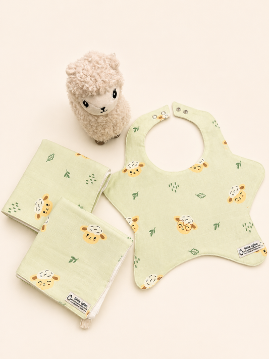 Little Igloo Premium Muslin Baby pistachio Feeding Set | Bib + 2 Washcloths