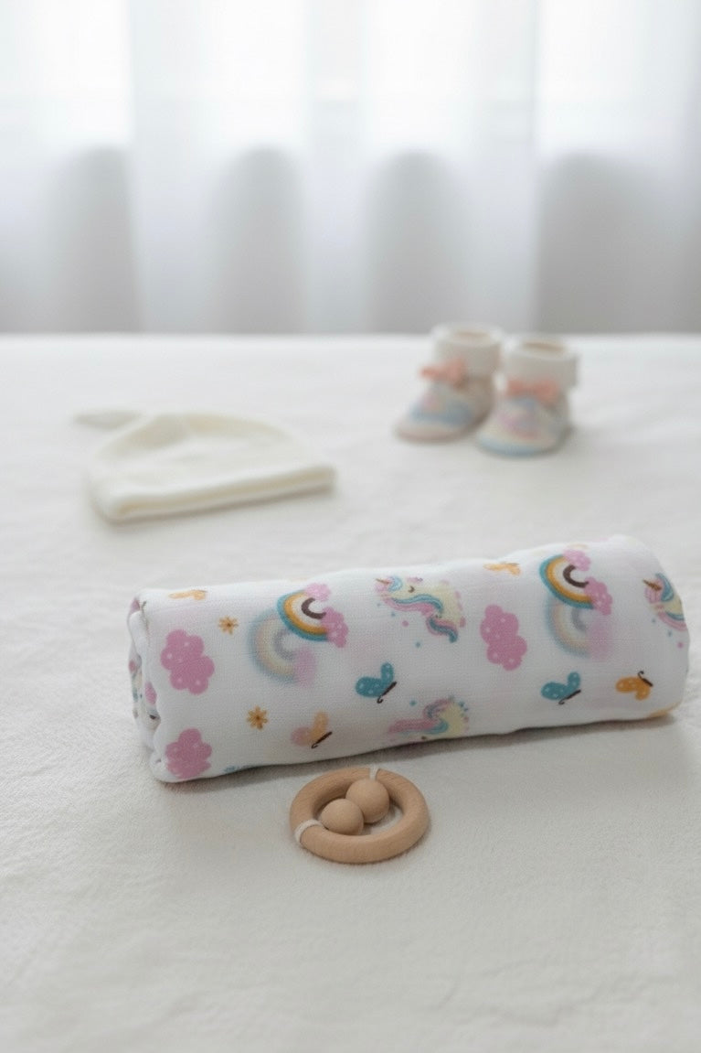 100% Organic Cotton Muslin Baby Swaddle | Unicorn | 110x90cm