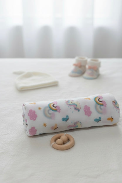 100% Organic Cotton Muslin Baby Swaddle | Unicorn | 110x90cm