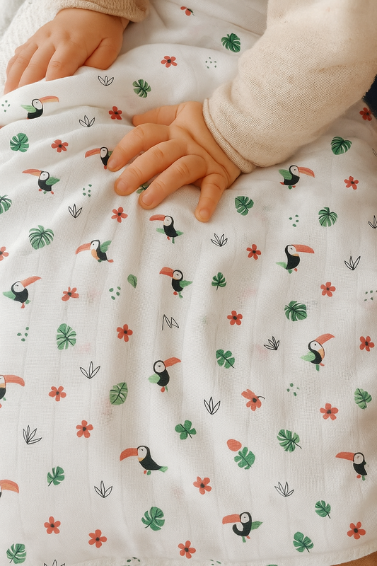 100% Organic Cotton Muslin Baby Swaddle | Chirping Birds | 110x90cm
