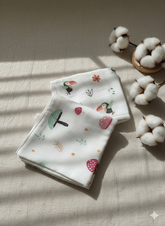 100% Organic Cotton Baby Wash cloth |super absorbent - pack of 2 | Bird- Mushroom