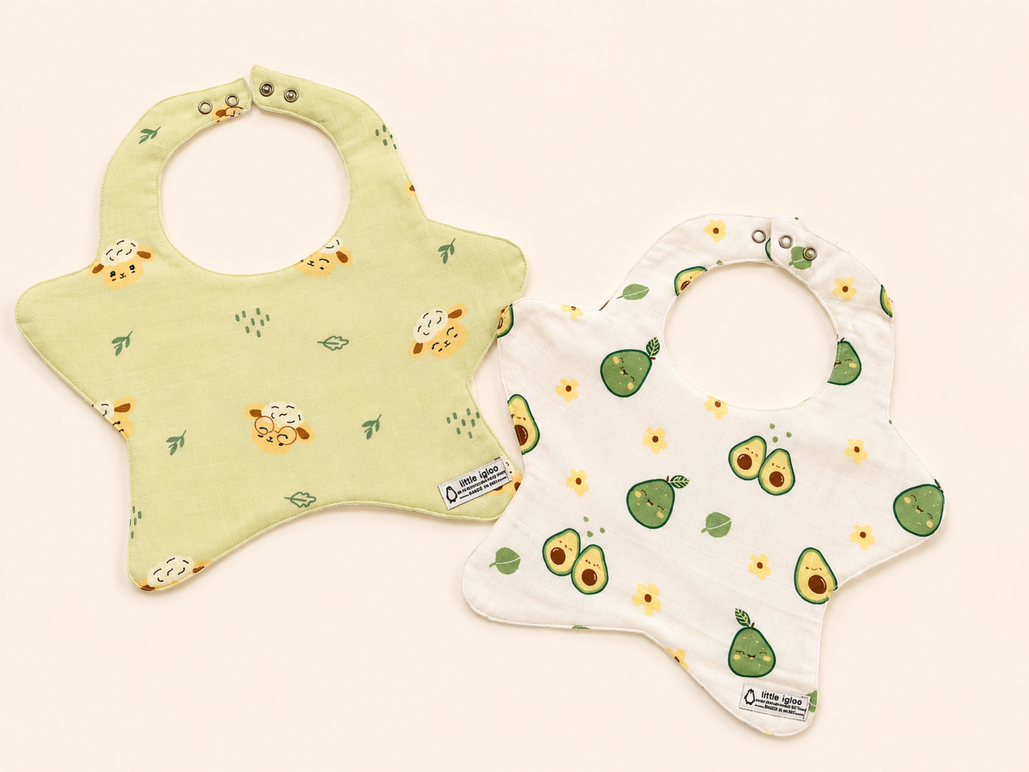Little igloo 100% organic cotton Muslin Baby bibs | Avocado-lamb | pack of 2