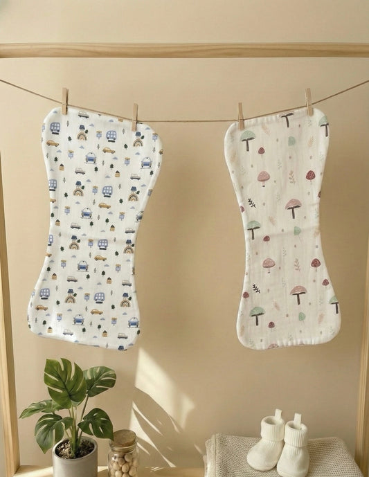 100% Organic Cotton Muslin Baby burp cloth | pack of 2 | Car-mushroom