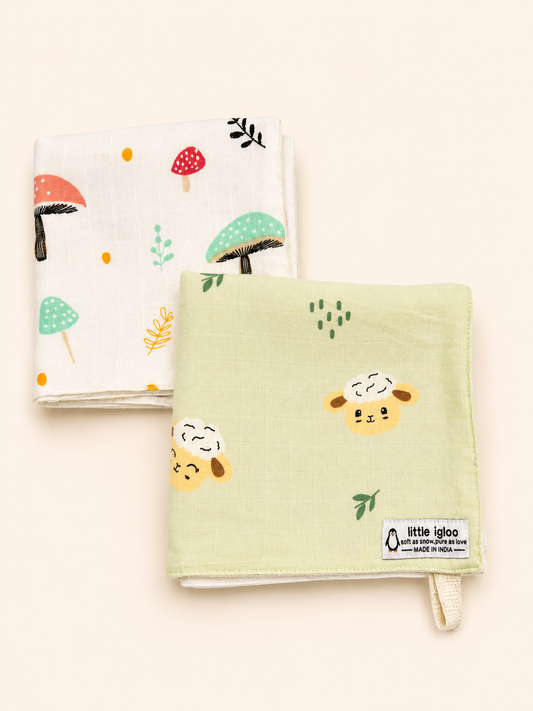 100% Organic Cotton Baby Wash cloth |super absorbent - pack of 2 |lamb-mushroom