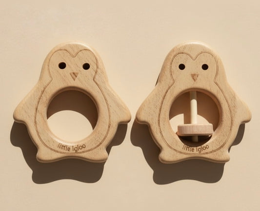 Baby Neem wood Rattle & Teether combo |Pack of two | Penguins