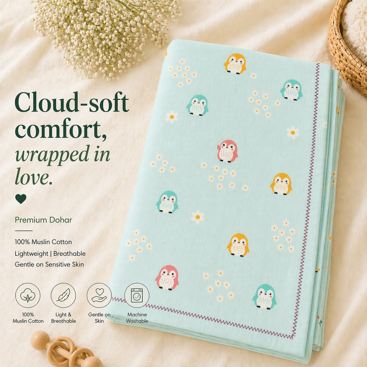 Little Penguin Mist Dohar | 100% premium Muslin cotton
