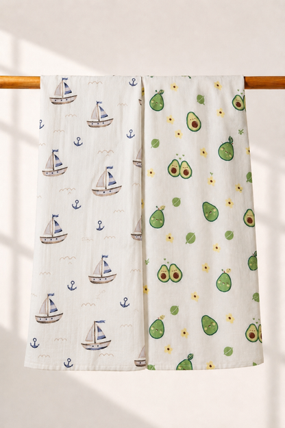 100% Organic Cotton Muslin Baby Swaddle | pack of two |little avo-sailor| 110x90cm