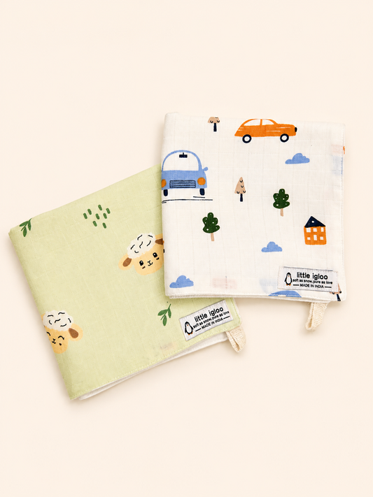 100% Organic Cotton Baby Wash cloth |super absorbent - pack of 2 |lamb on a car