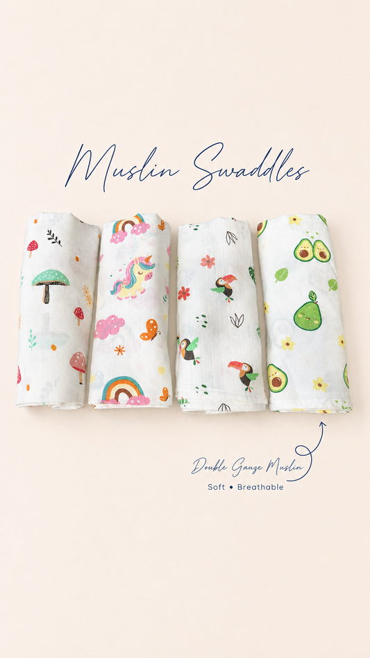 100% Organic Cotton Muslin Baby Swaddle | pack of four | 110x90cm