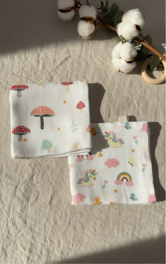 100% Organic Cotton Baby Wash cloth |super absorbent - pack of 2 |Mushroom- unicorn