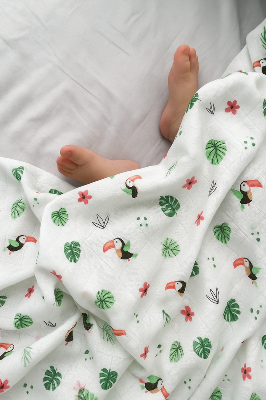 100% Organic Cotton Muslin Baby Swaddle | Chirping Birds | 110x90cm