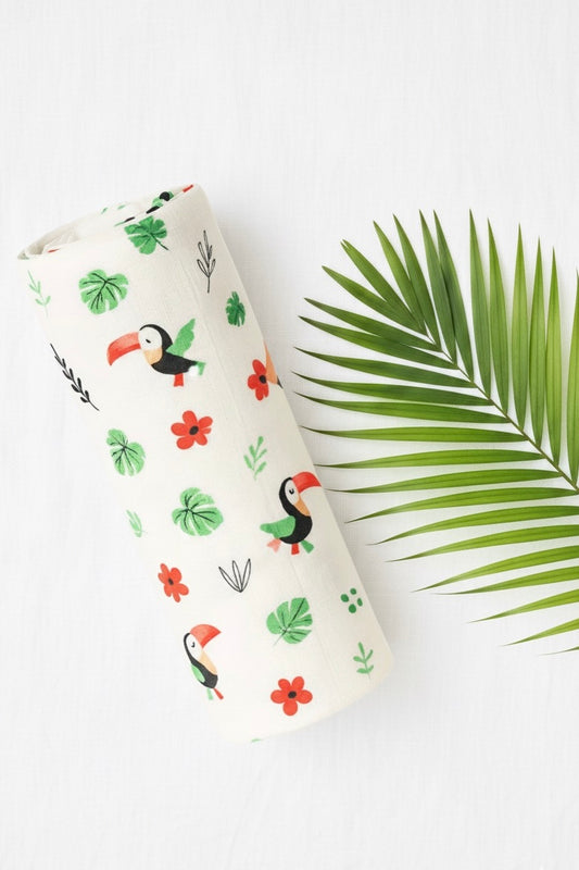 100% Organic Cotton Muslin Baby Swaddle | Chirping Birds | 110x90cm