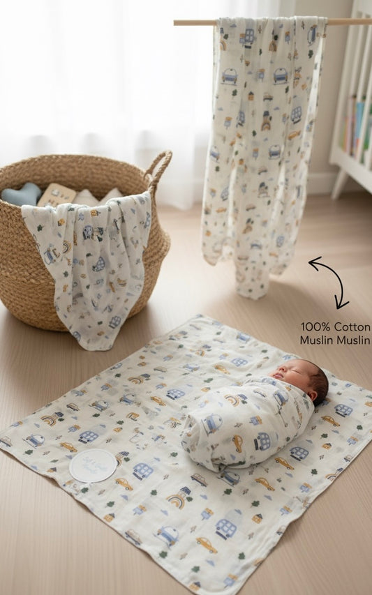 100% Organic Cotton Muslin Baby Swaddle | Car | 110x90cm