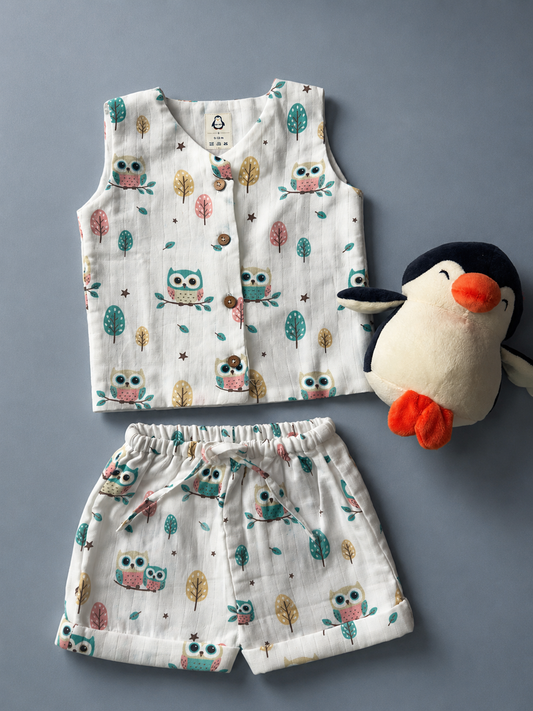 Owl woods Muslin Set| double layer