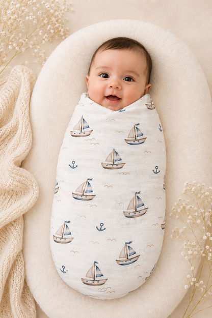 100% Organic Cotton Muslin Baby Swaddle | little sailor | 110x90cm