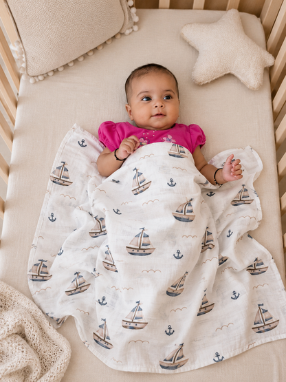 100% Organic Cotton Muslin Baby Swaddle | little sailor | 110x90cm