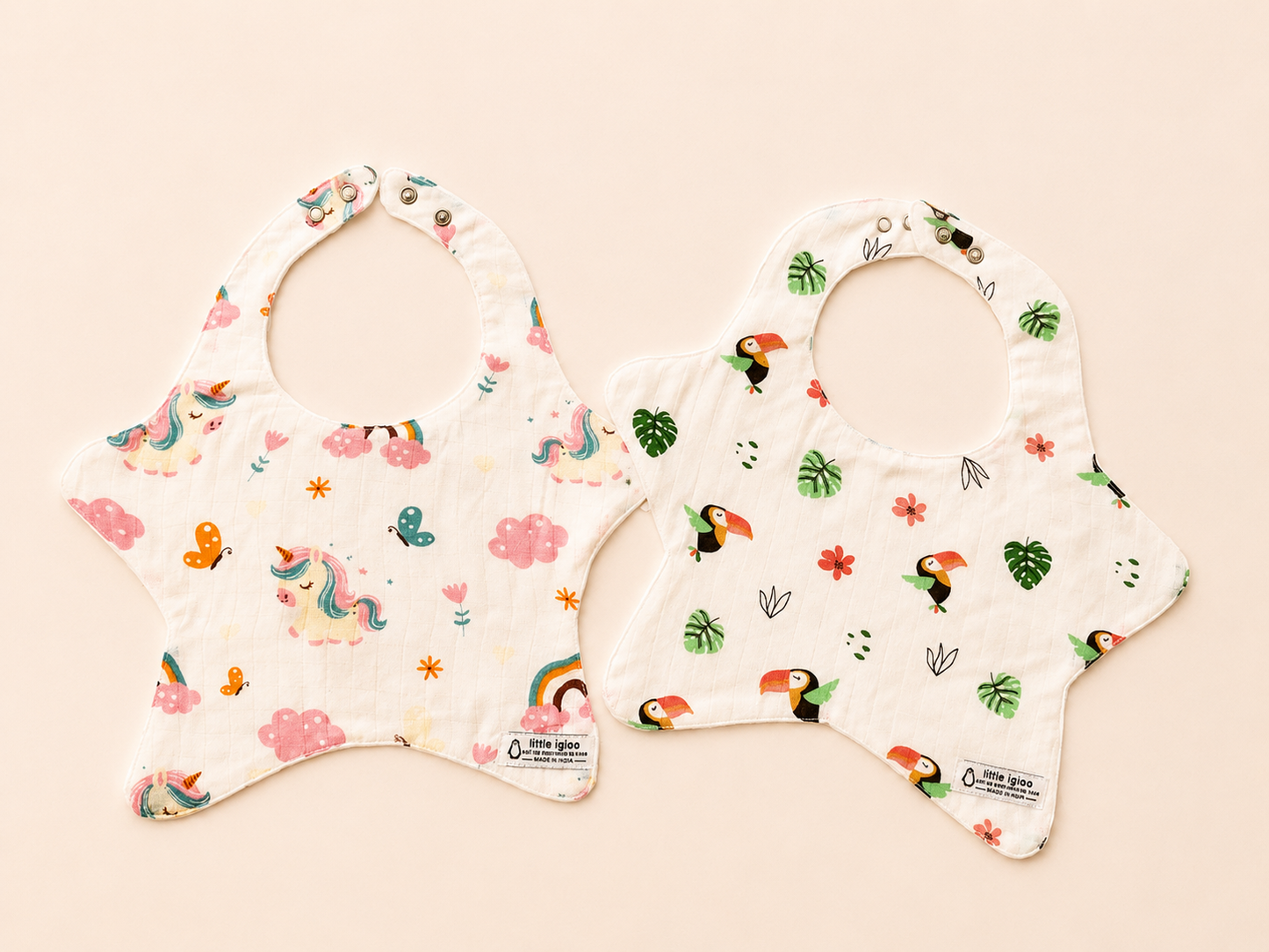 Little igloo 100% organic cotton Muslin Baby bibs |Unicorn- Bird | pack of 2