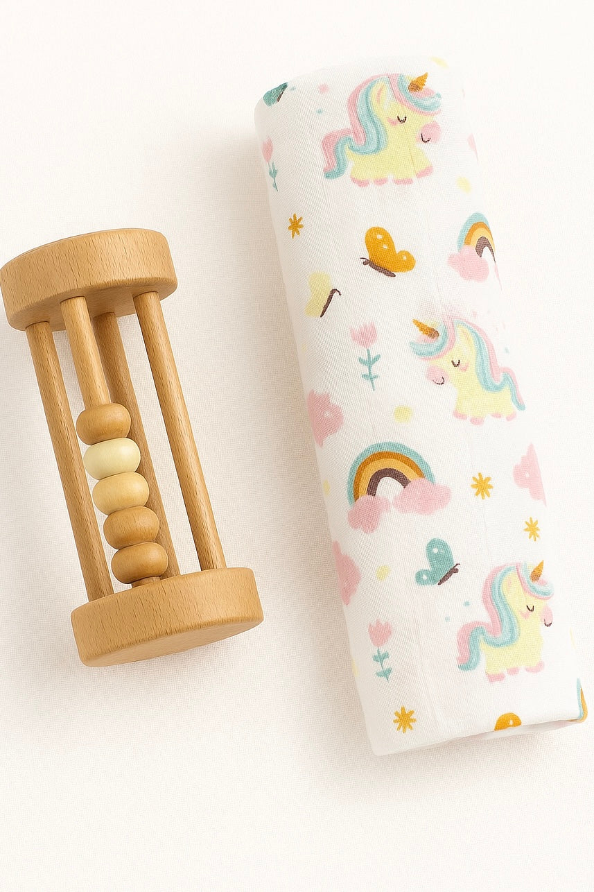 100% Organic Cotton Muslin Baby Swaddle | Unicorn | 110x90cm