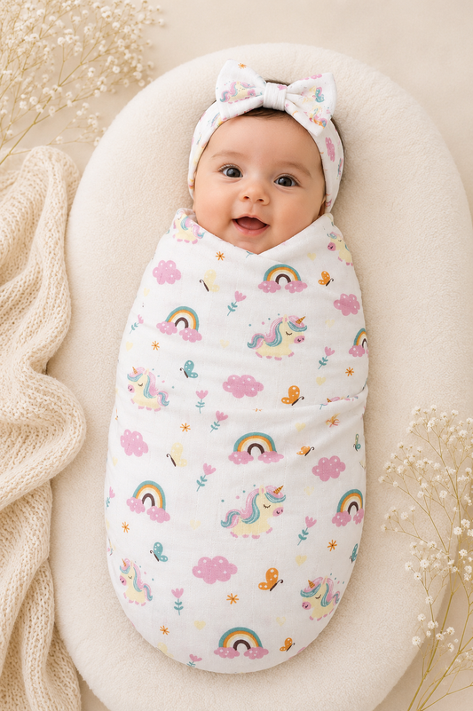100% Organic Cotton Muslin Baby Swaddle | Unicorn | 110x90cm