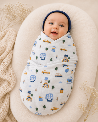 100% Organic Cotton Muslin Baby Swaddle | pack of two |Chirping Birds-car | 110x90cm