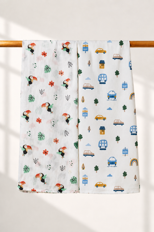 100% Organic Cotton Muslin Baby Swaddle | pack of two |Chirping Birds-car | 110x90cm