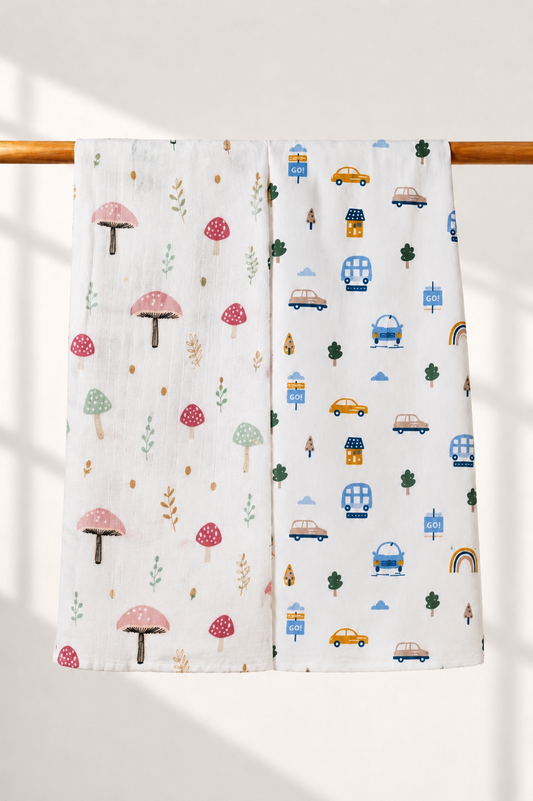 100% Organic Cotton Muslin Baby Swaddle | pack of two |mushroom-car| 110x90cm