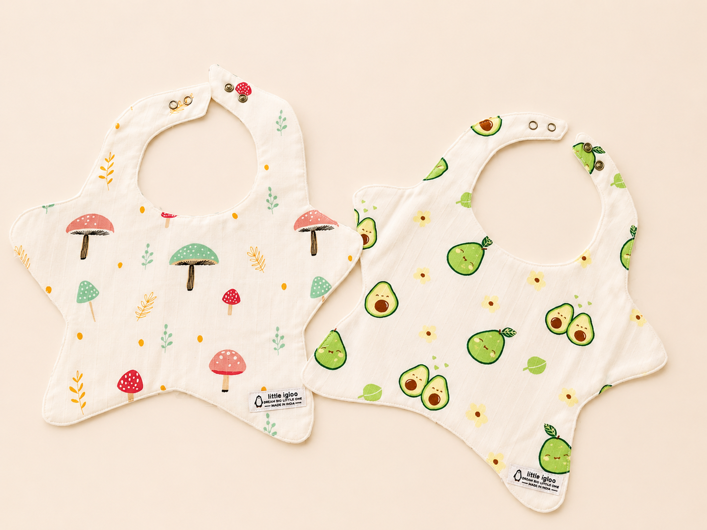 Little igloo 100% organic cotton Muslin Baby bibs | Avocado-Mushroom | pack of 2