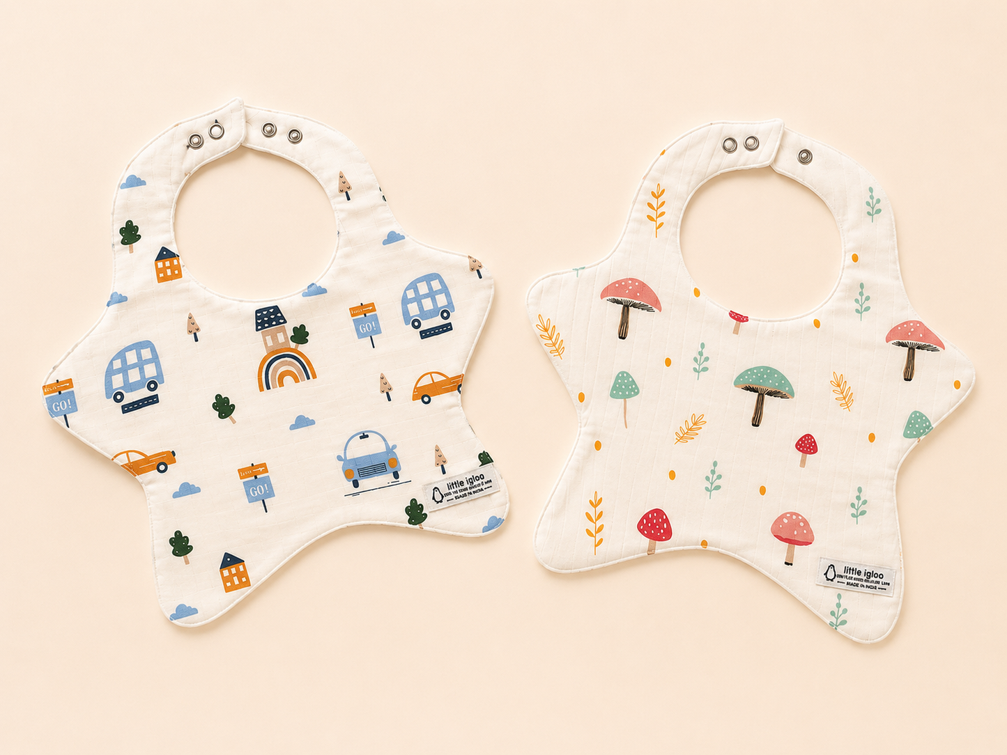 Little igloo 100% organic cotton Muslin Baby bibs |car-mushroom | pack of 2