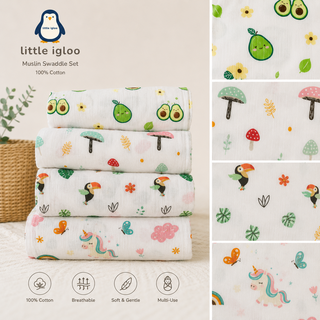 100% Organic Cotton Muslin Baby Swaddle | pack of four | 110x90cm