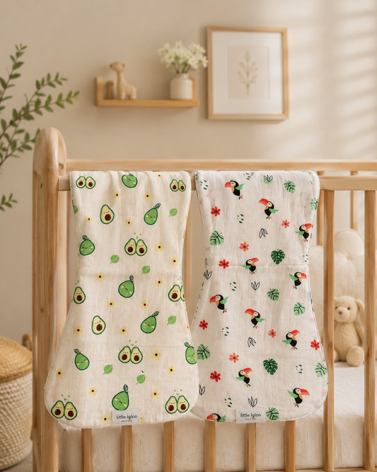 100% Organic Cotton Muslin Baby burp cloth | pack of 2 | Avocado-Bird