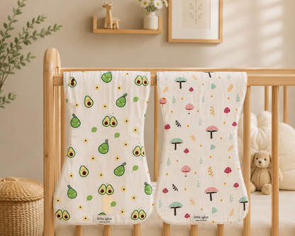 100% Organic Cotton Muslin Baby burp cloth | pack of 2 | Avocado-mushroom