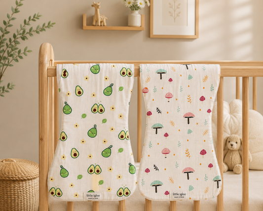 100% Organic Cotton Muslin Baby burp cloth | pack of 2 | Avocado-mushroom