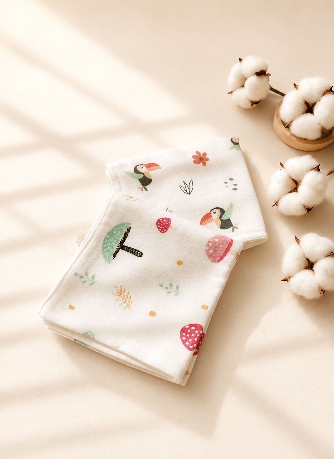 100% Organic Cotton Baby Wash cloth |super absorbent - pack of 2 | Bird- Mushroom