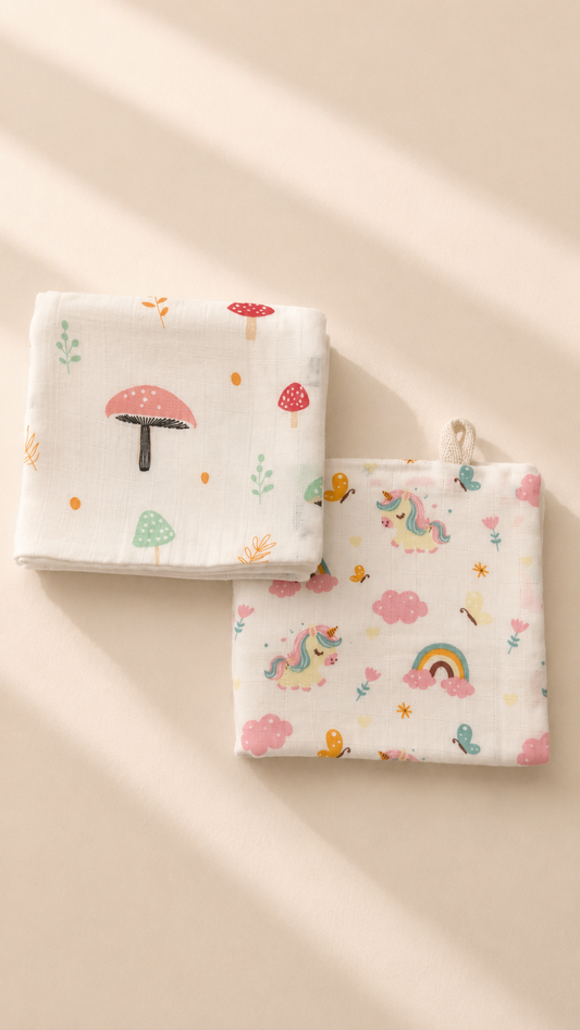 100% Organic Cotton Baby Wash cloth |super absorbent - pack of 2 |Mushroom- unicorn