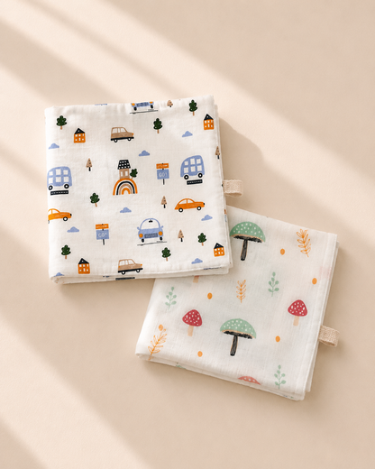 100% Organic Cotton Baby Wash cloth |super absorbent - pack of 2 | Car-mushroom