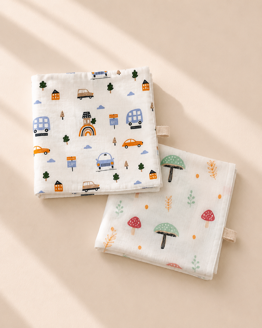 100% Organic Cotton Baby Wash cloth |super absorbent - pack of 2 | Car-mushroom
