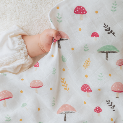 100% Organic Cotton Baby Swaddle | Mushroom | 110x90cm