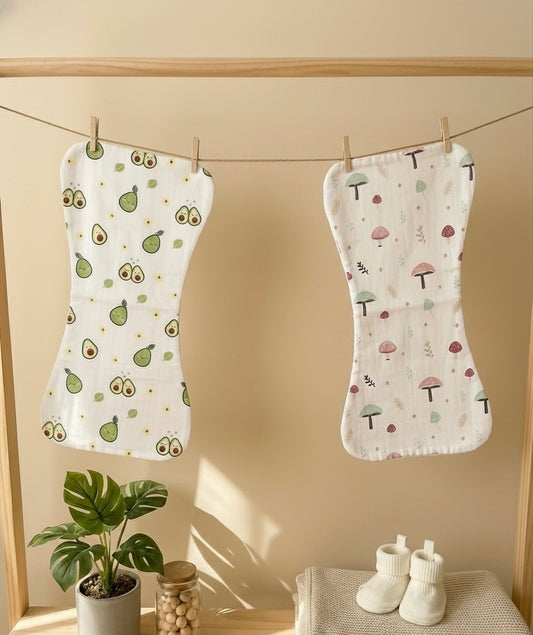 100% Organic Cotton Muslin Baby burp cloth | pack of 2 | Avocado-mushroom